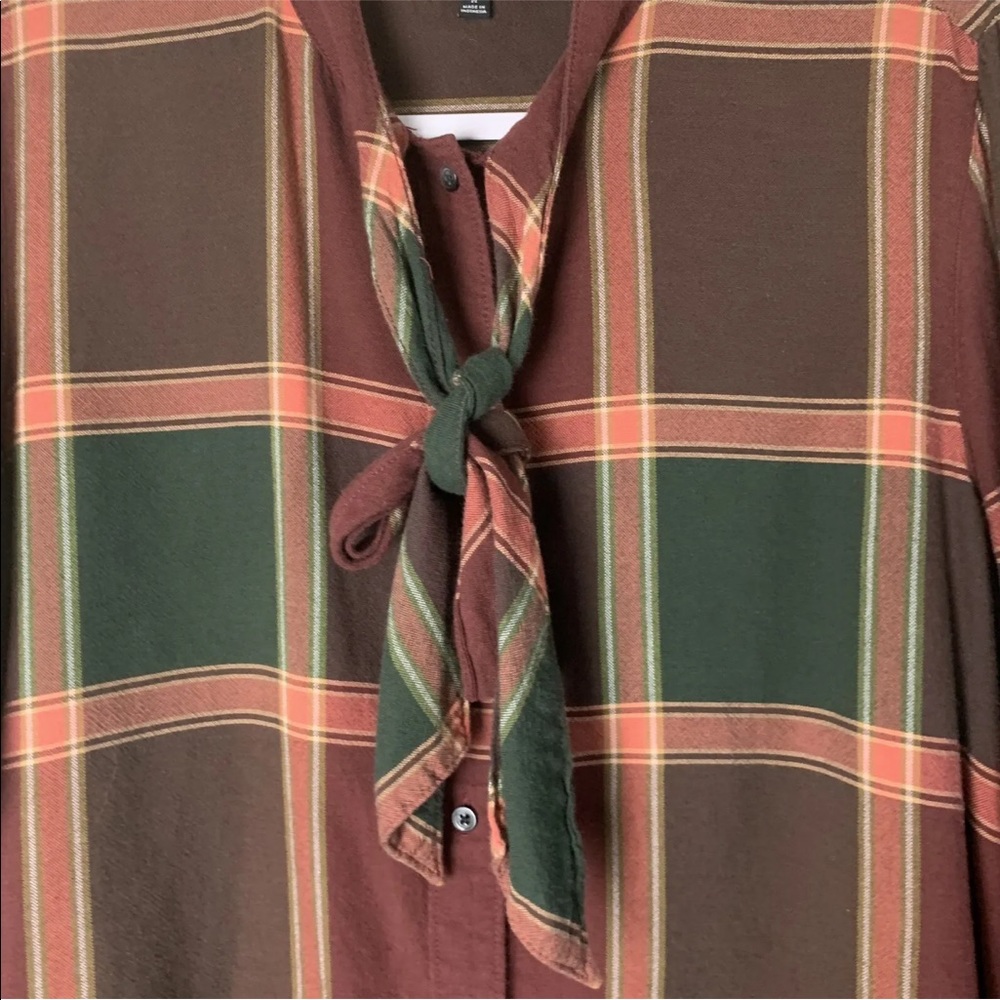 Madewell Burgundy Brown and Green Plaid Button-Down Tie-Neck Shirt - Picture 3 of 7